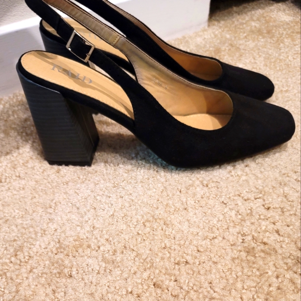 NWT ASOS BLK FAUX SUADE SLING BK BLOCK HEEL PUMPS SIZE 9